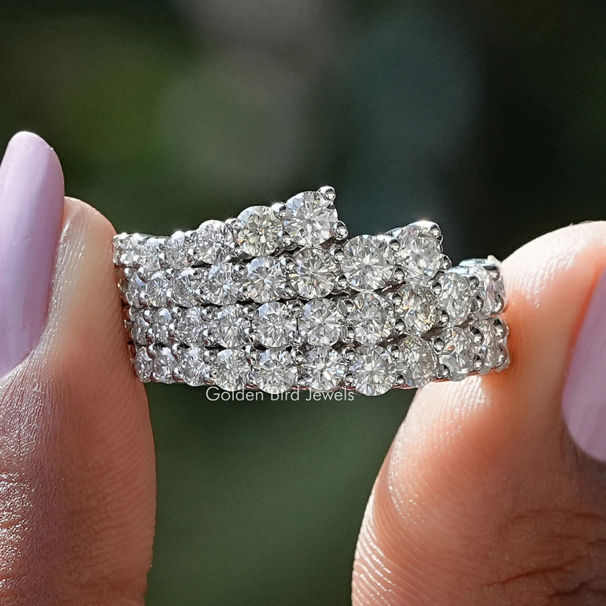 Round Moissanite Four Row Pave Set Half Band