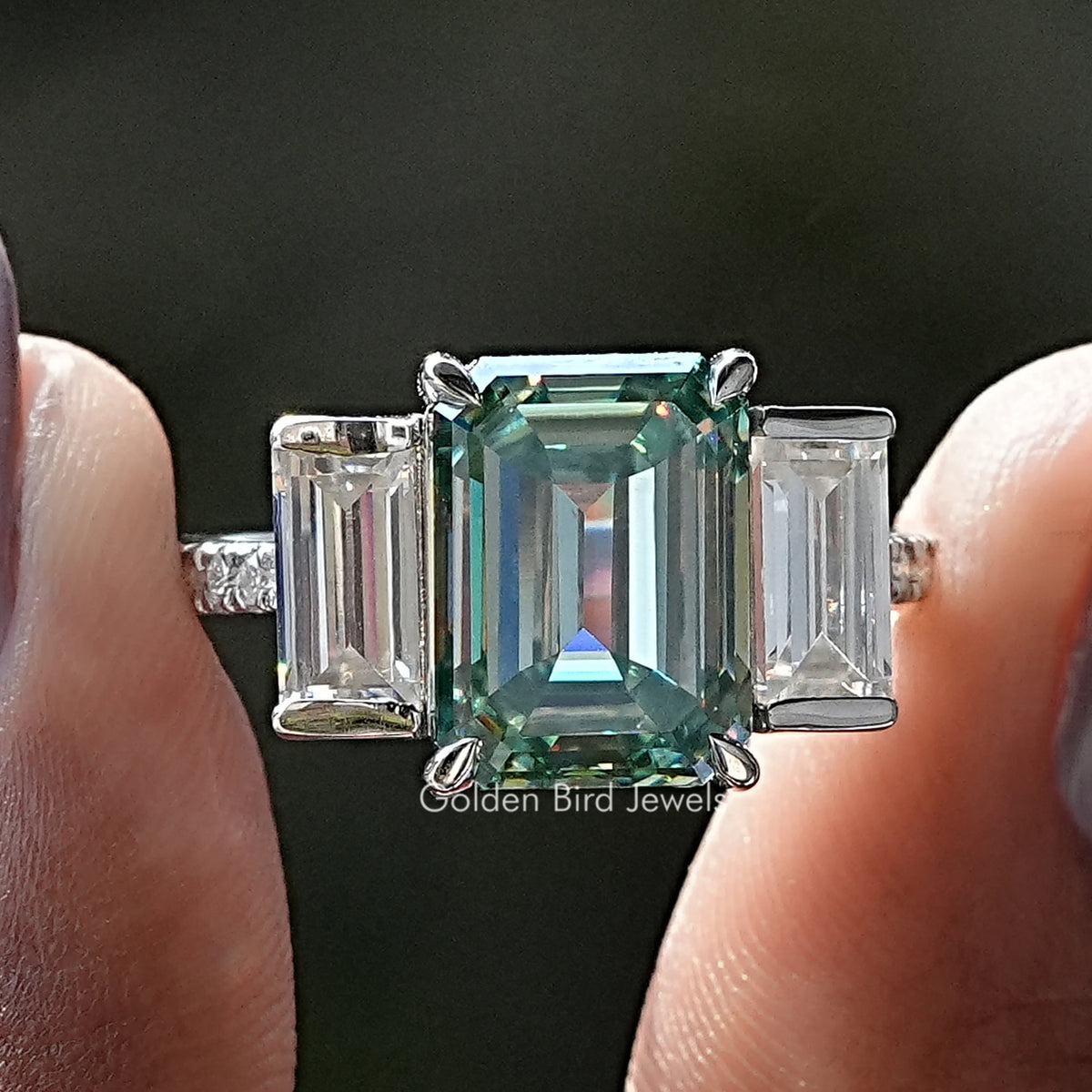 Emerald Cut Moissanite Three Stone Ring