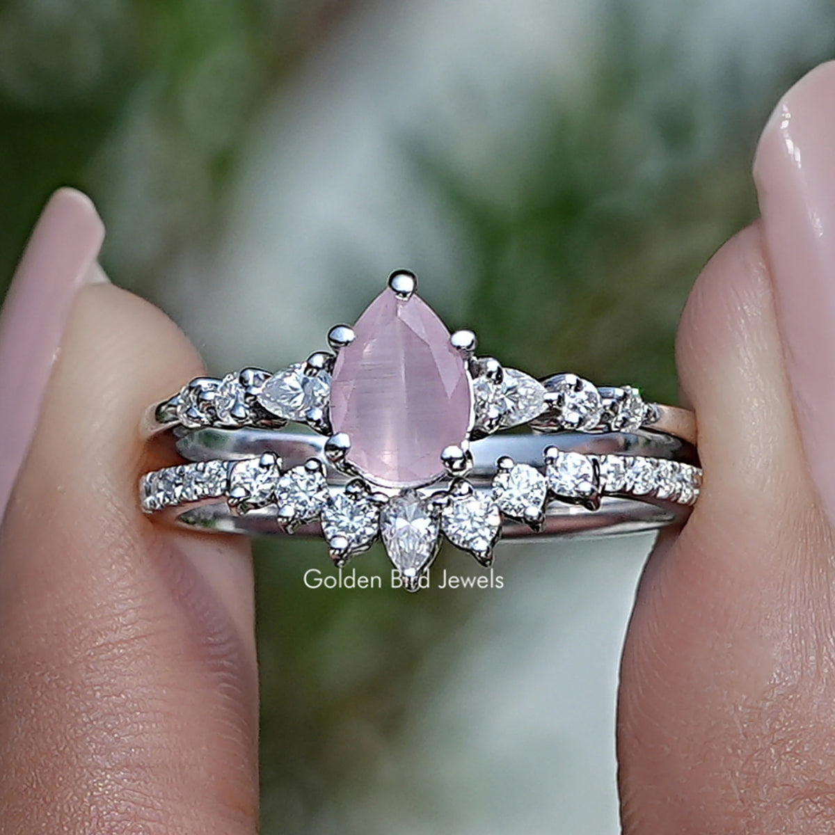 Tourmaline Pink Pear Gemstone Bridal Ring Set