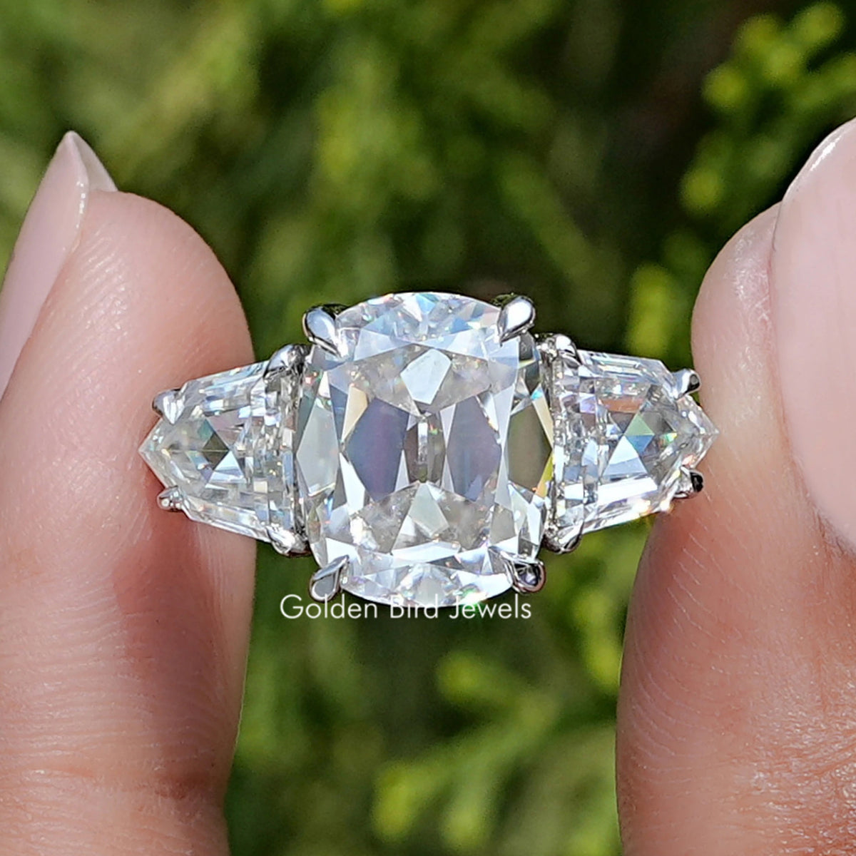 Elongated Old Mine Cushion Moissanite Three Stone Ring