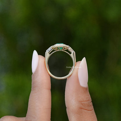 Green Emerald Halo Gemstone Engagement Ring
