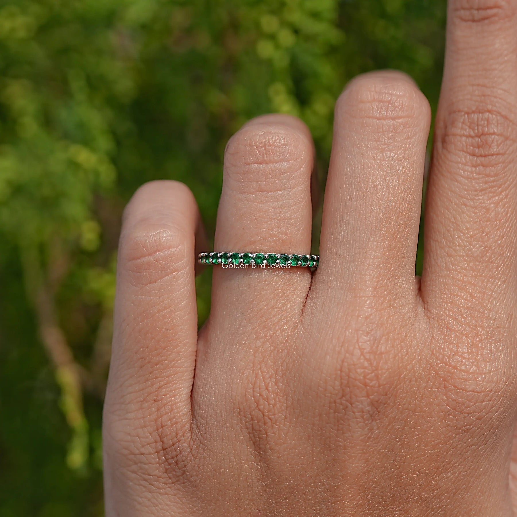 May Birthstone Emerald Green Round Eternity Band