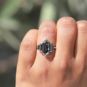 Gray Elongated Hexagon Five Stone Moissanite Ring
