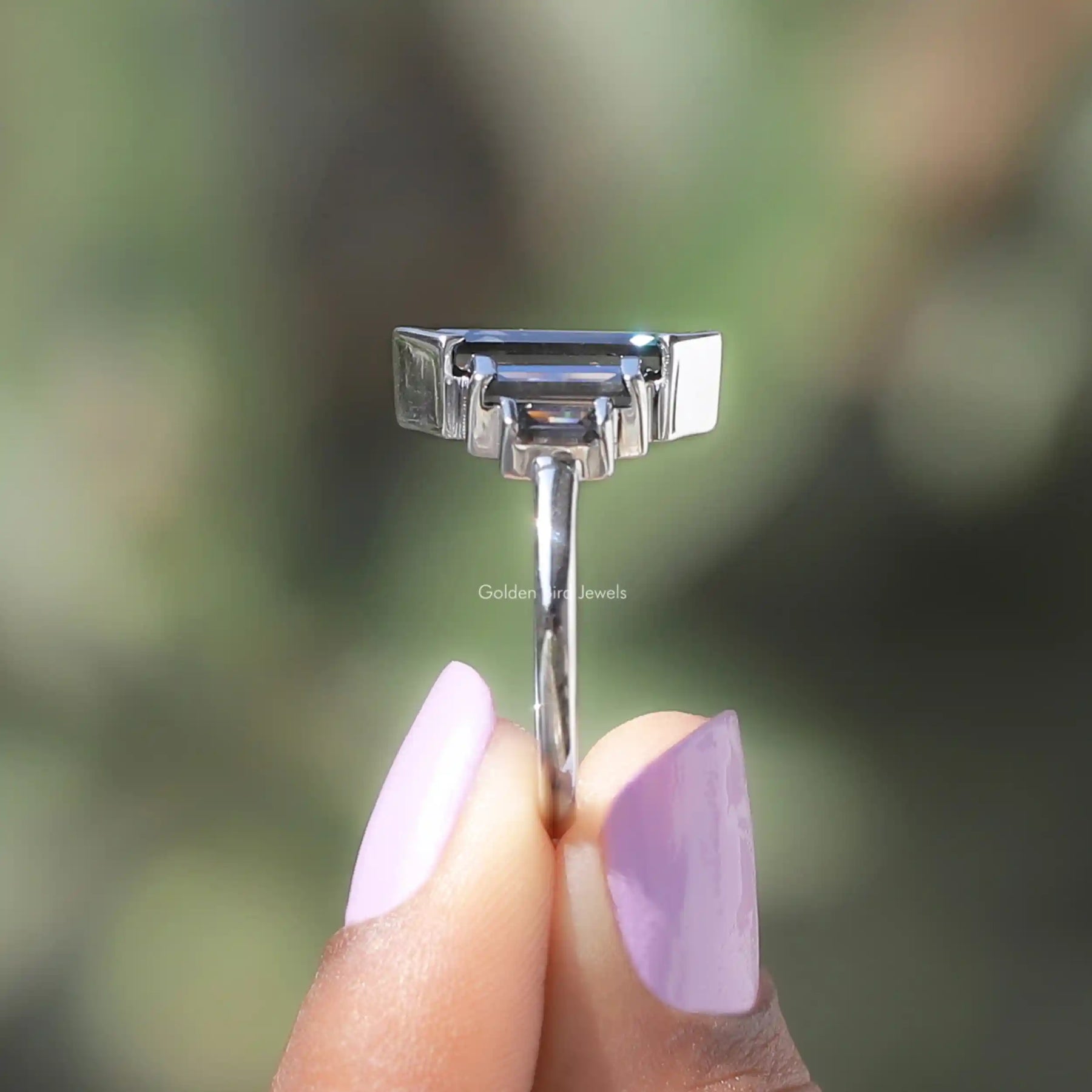 Gray Elongated Hexagon Five Stone Moissanite Ring