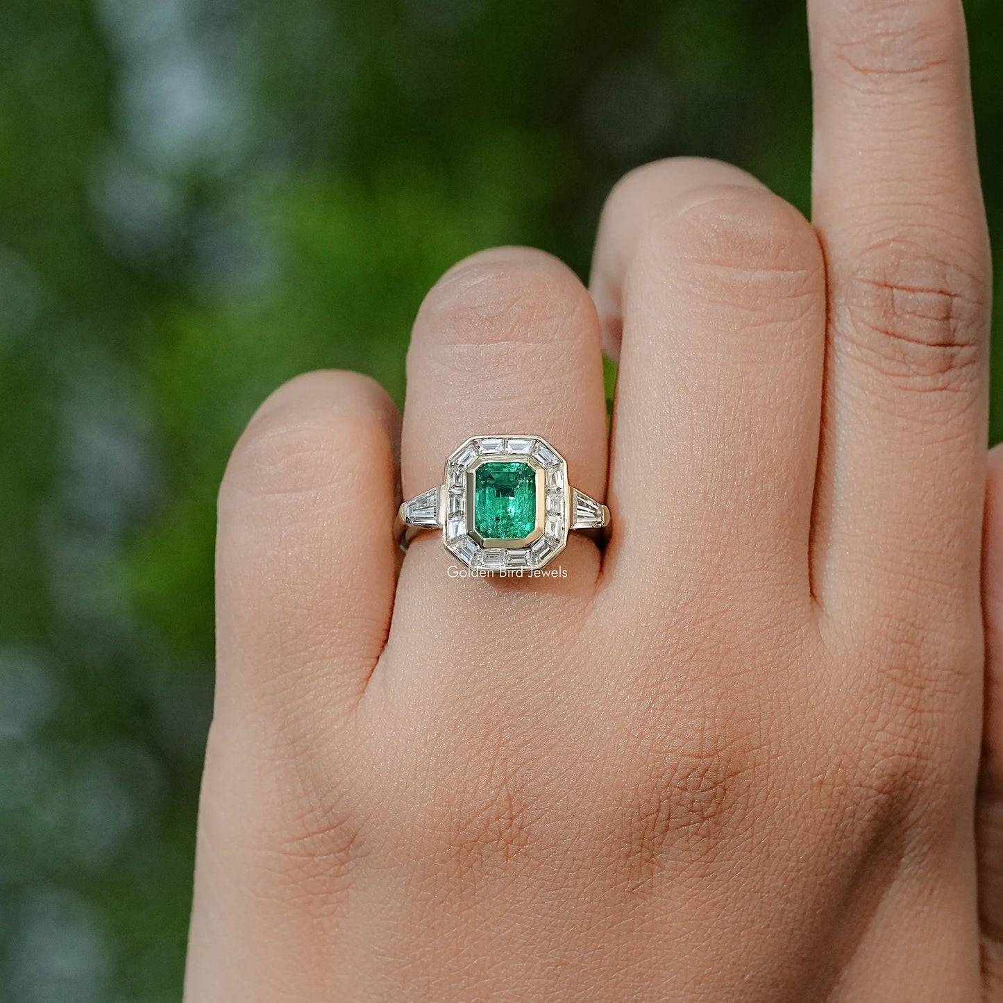 Green Emerald Halo Gemstone Engagement Ring