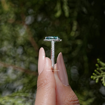Pear Cut Moissanite Gemstone Accent Halo Ring