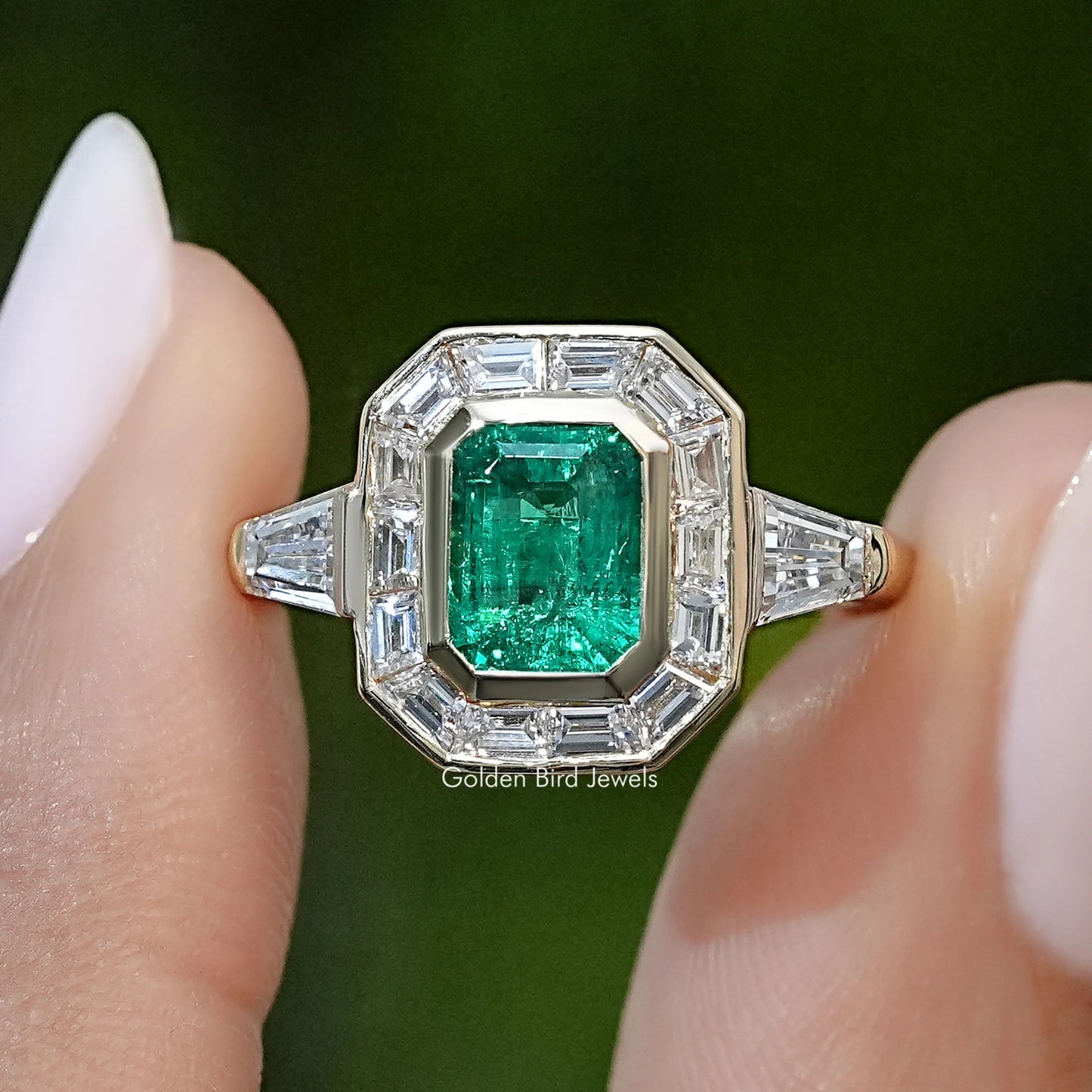 Green Emerald Halo Gemstone Engagement Ring