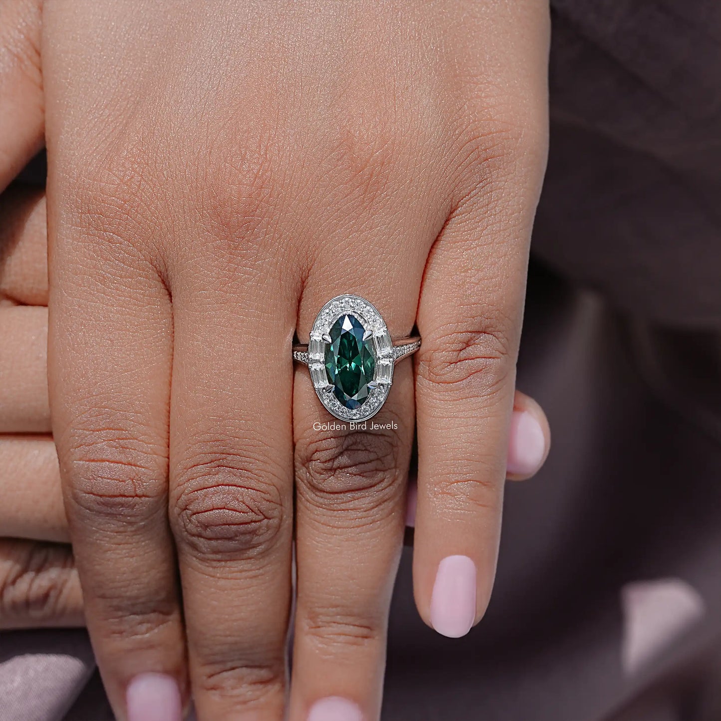 Old Mine Moval Moissanite Gemstone Halo Ring