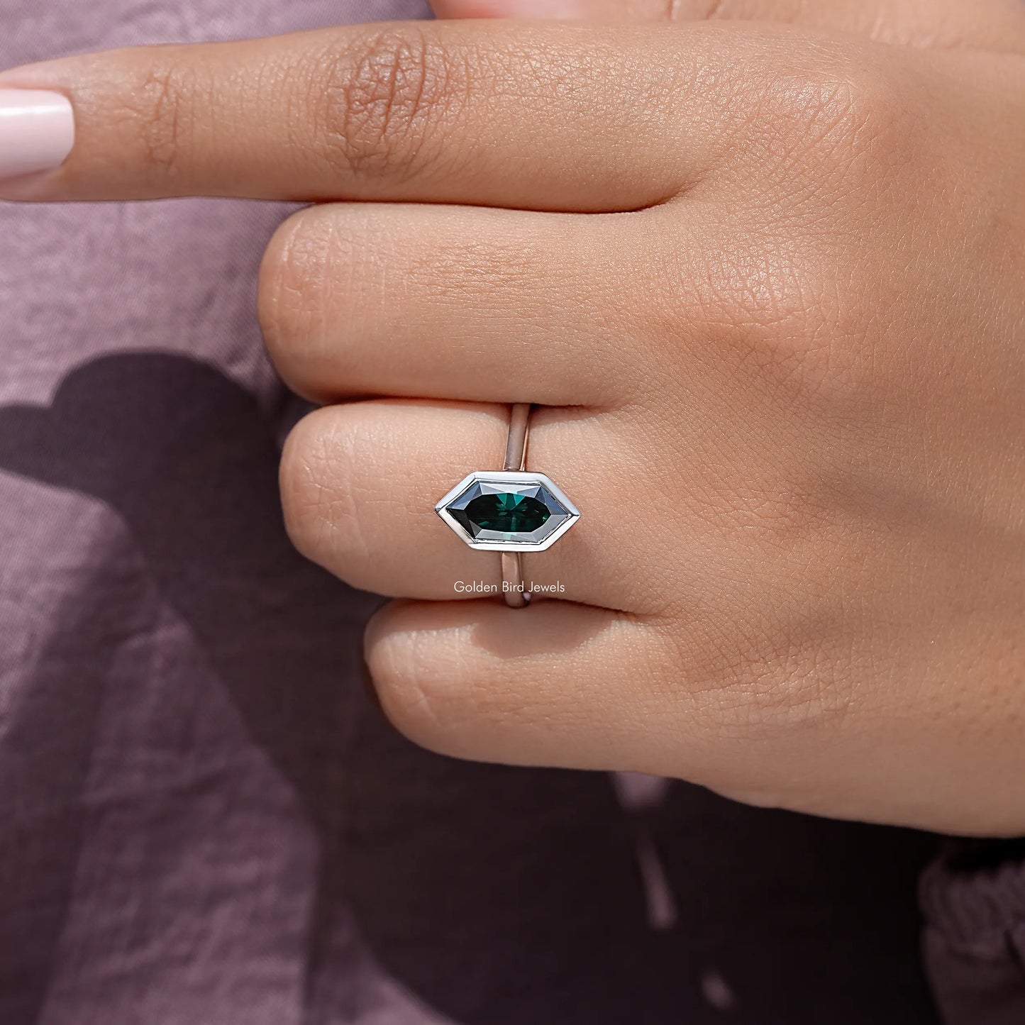 Green Dutch Marquise Cut Moissanite Diamond Bezel Set Ring