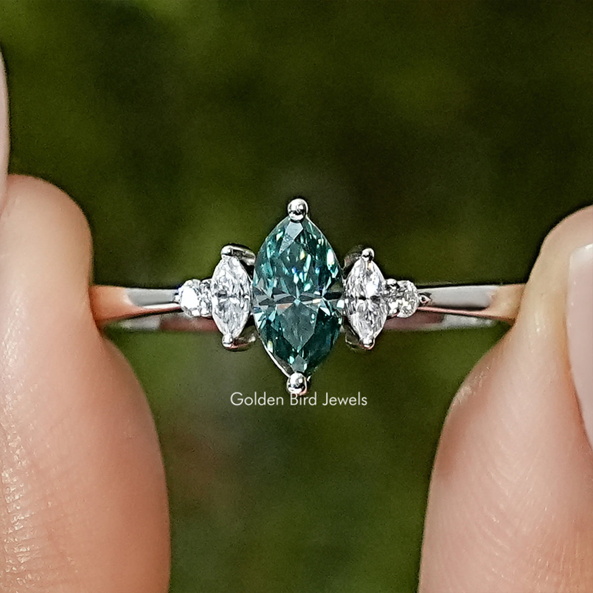 Green Marquise Moissanite Three Stone Engagement Ring