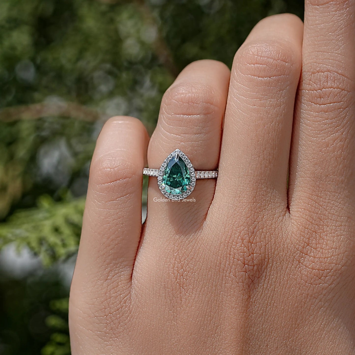 Green Pear Moissanite Gemstone Halo Accent Wedding Ring