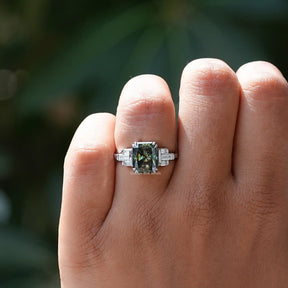 Green Radiant Cut Moissanite Ring In White Gold