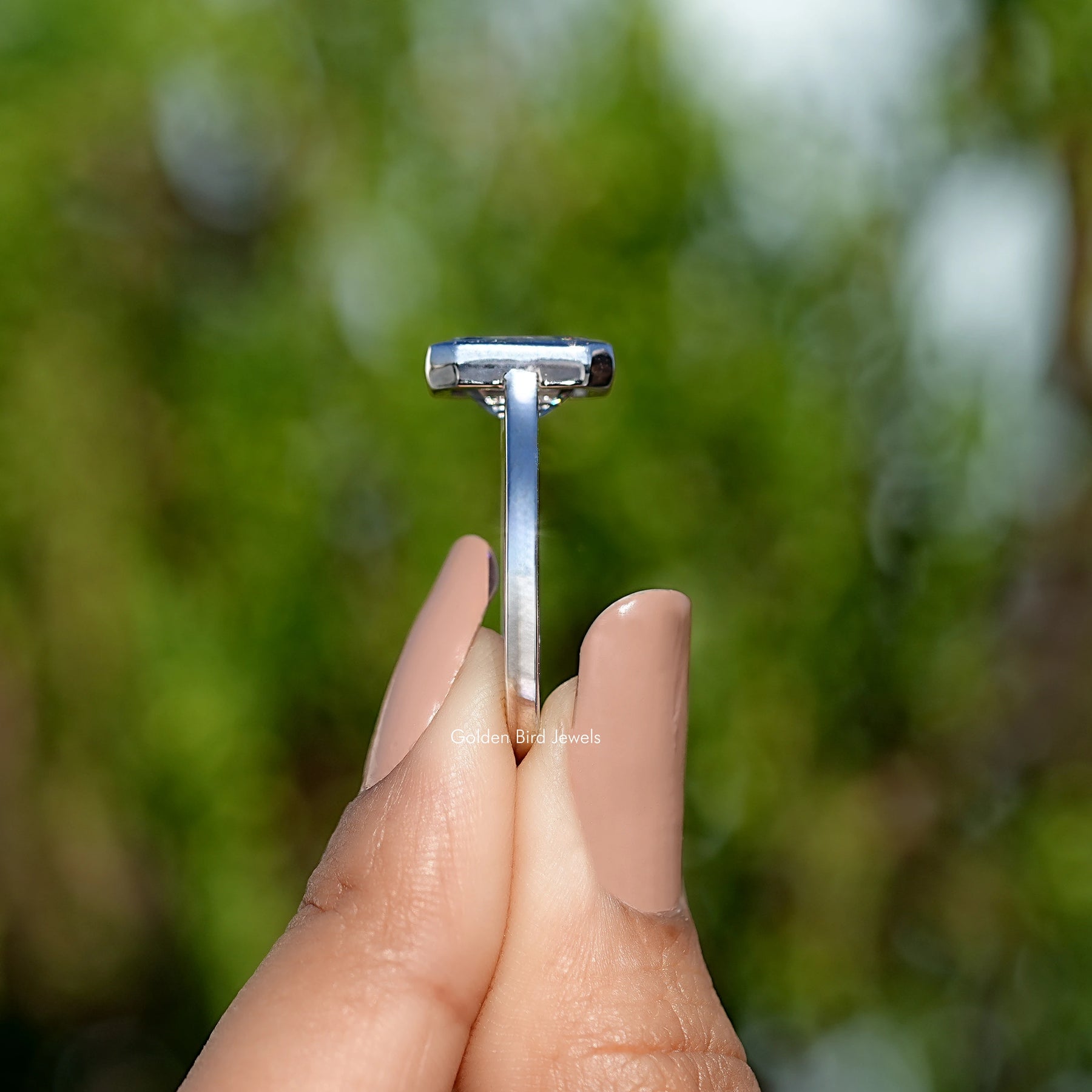 Grey Emerald Cut Moissanite Solitaire Ring