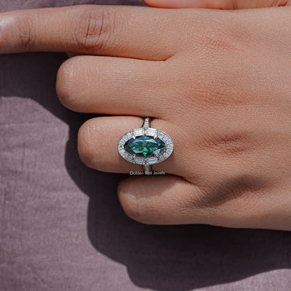 Old Mine Moval Moissanite Gemstone Halo Ring