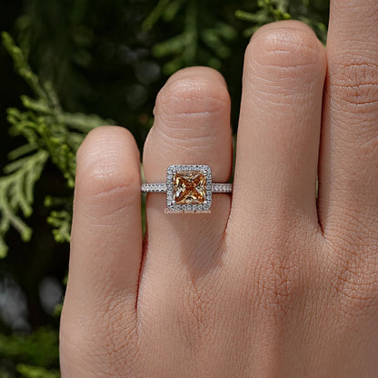 Champagne Princess Moissanite Accent Halo Ring