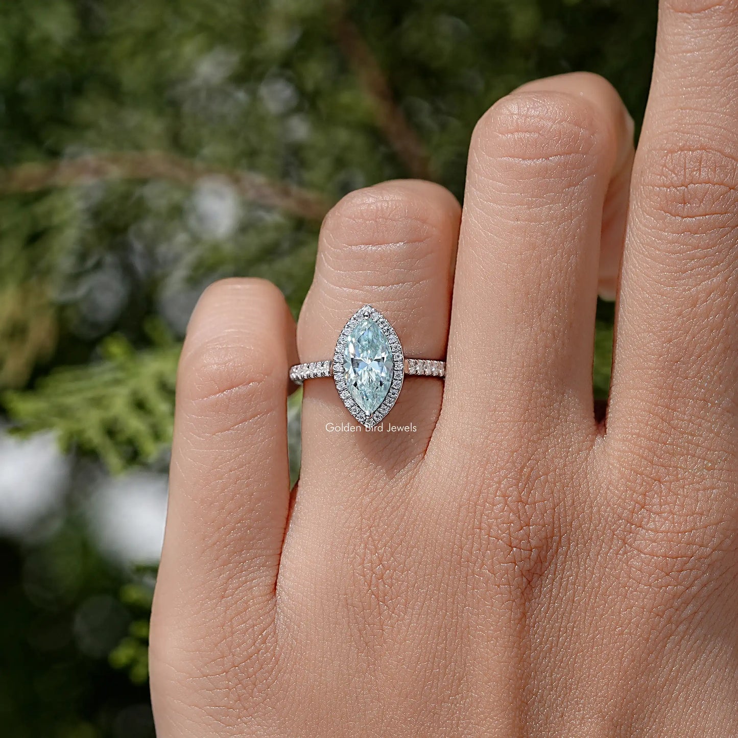 Blue Marquise Cut Moissanite Diamond Accent Bridal Ring