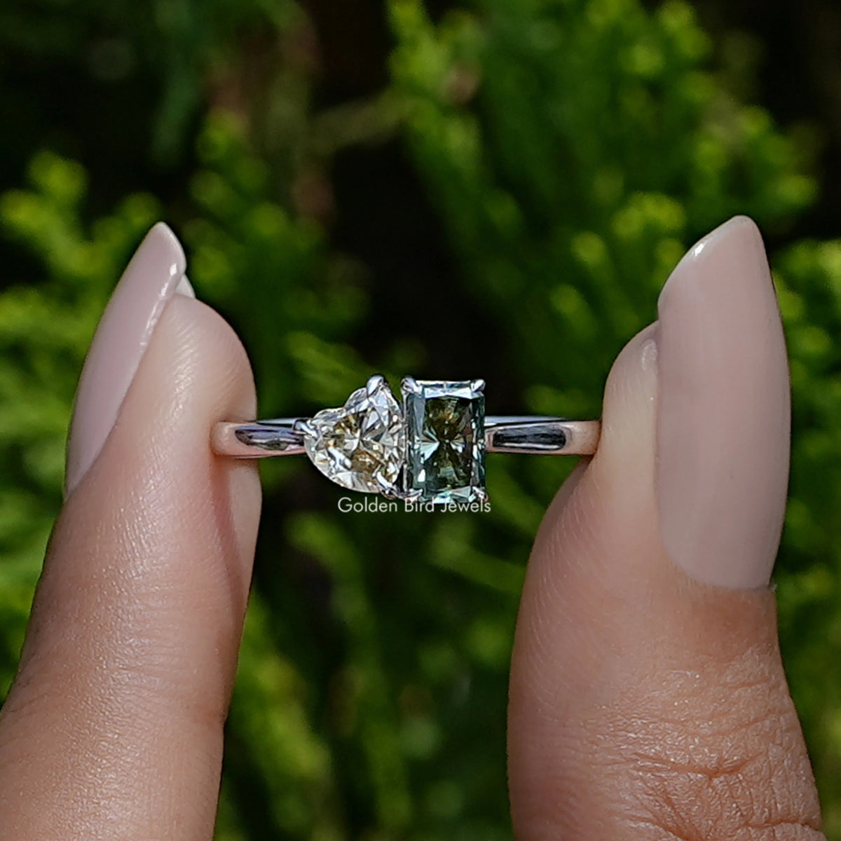 View of heart and radiant cut moissanite toi et moi Wedding Ring