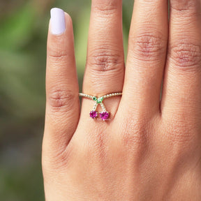 View of Round Cut Red Ruby Gemstone Cherry Ring 