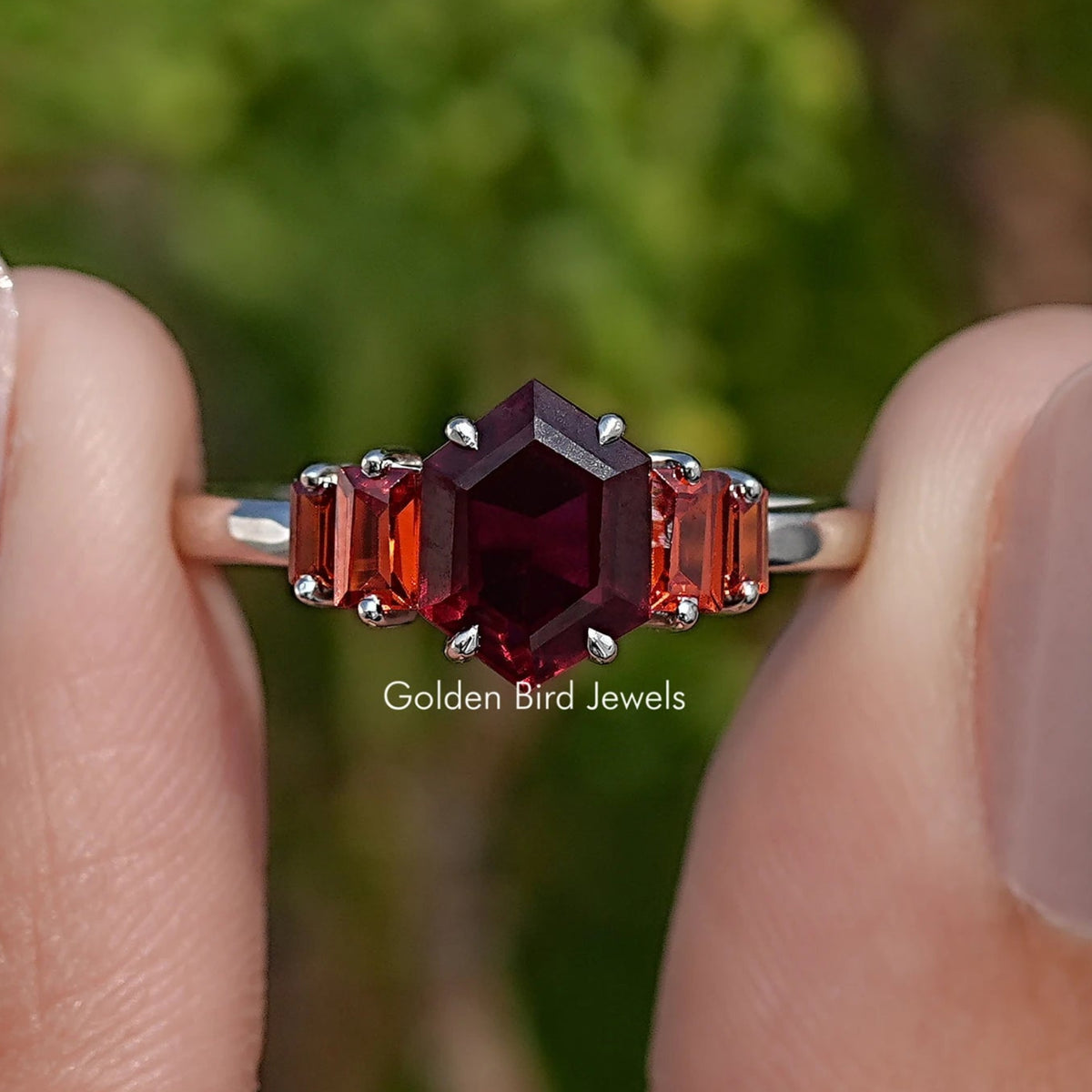 Red Ruby Hexagon Cut Gemstone 5 Stone Ring