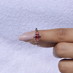 In finger front View of Red Ruby Hexagon Cut Gemstone Ring In White Gold