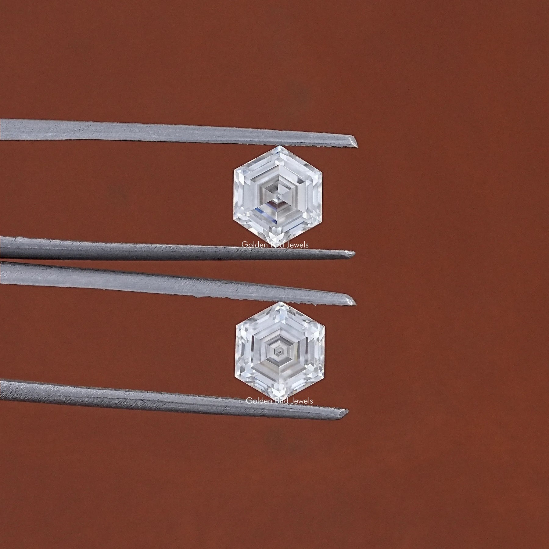In Tweezer View Of Hexagon Cut Loose Moissanite Pair 