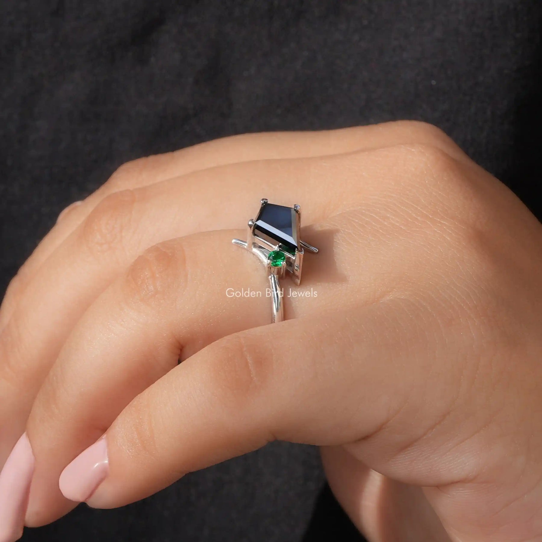 View of Kite Cut Moissanite Ring In finger