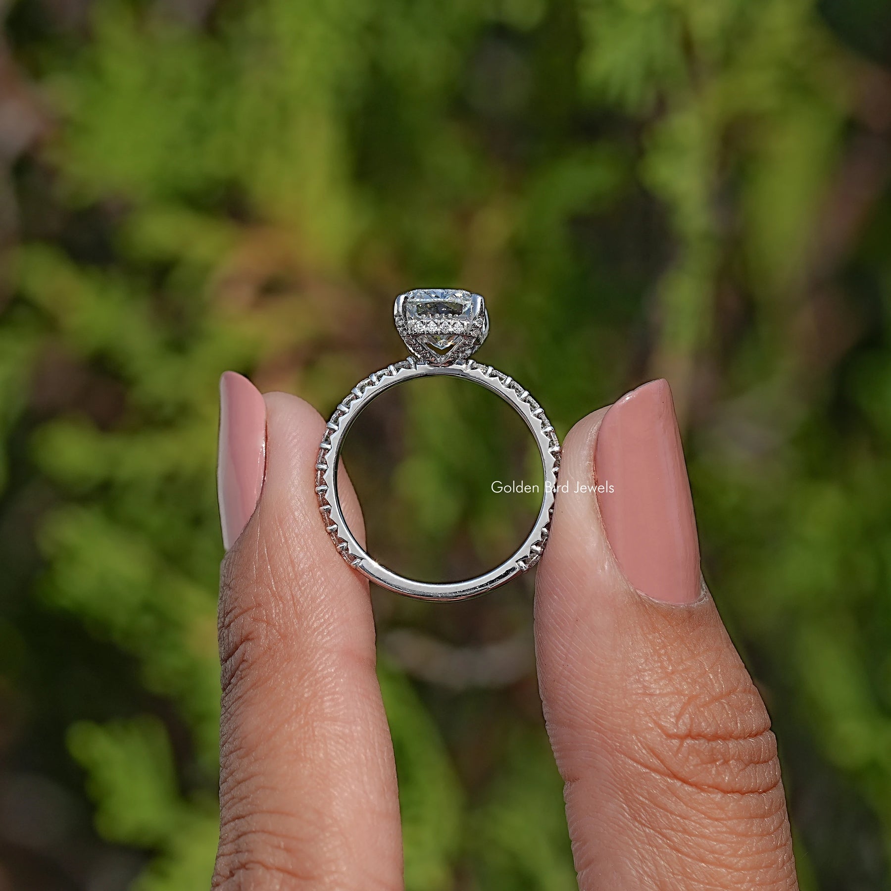 Lab Diamond Cushion Hidden Halo Engagement Ring