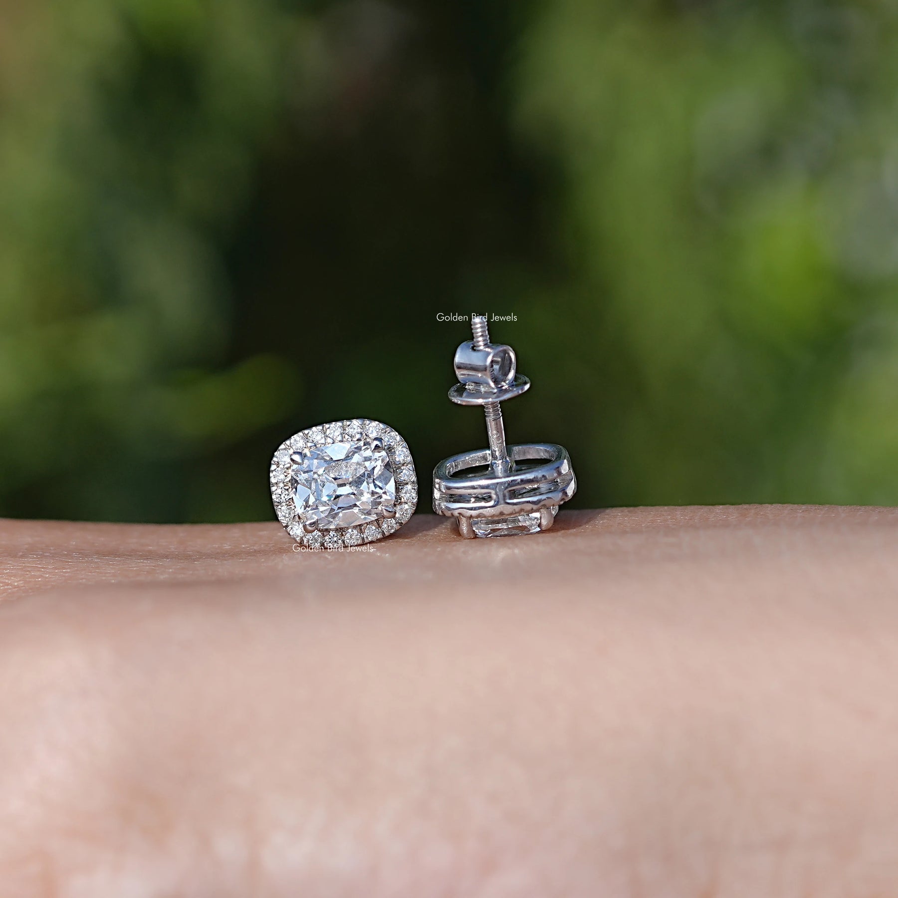 Front & Side View of Old Mine Cushion Cut Halo Stud Earrings In White Gold