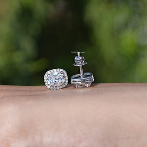 Front & Side View of Old Mine Cushion Cut Halo Stud Earrings In White Gold