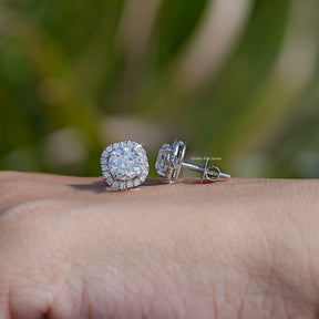 Front & Side View of Old European Round Cut Diamond Halo Earrings In White Gold