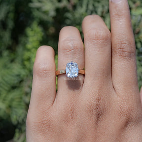 In finger view of Old Mine Cushion Lab Diamond Engagement Ring