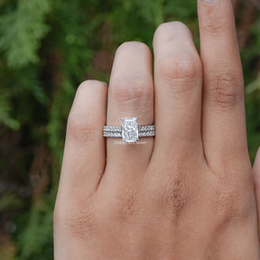 In finger front view of Lab Diamond Radiant Cut ring 