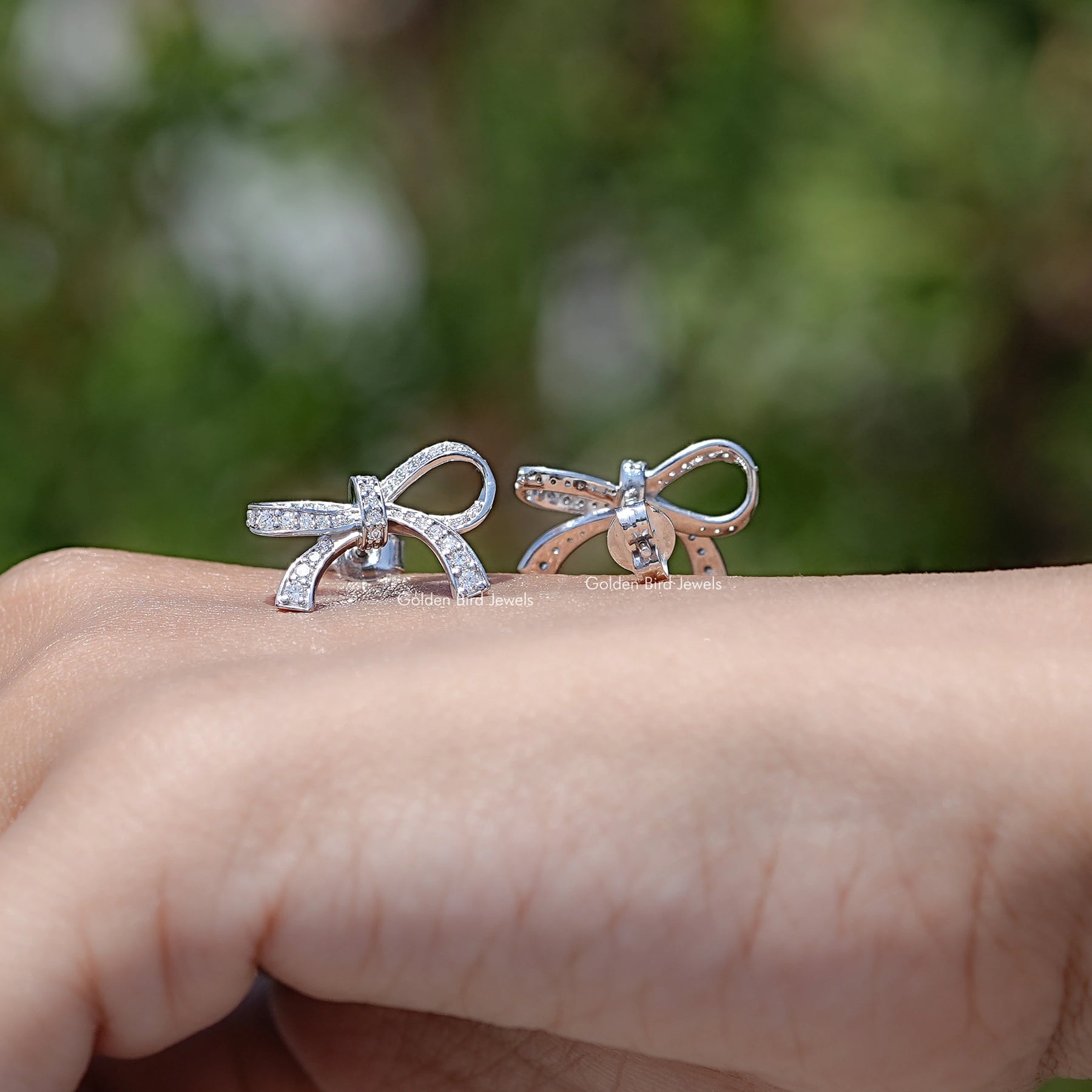 Round Cut Lab Diamond Ribbon Bow Stud Earrings