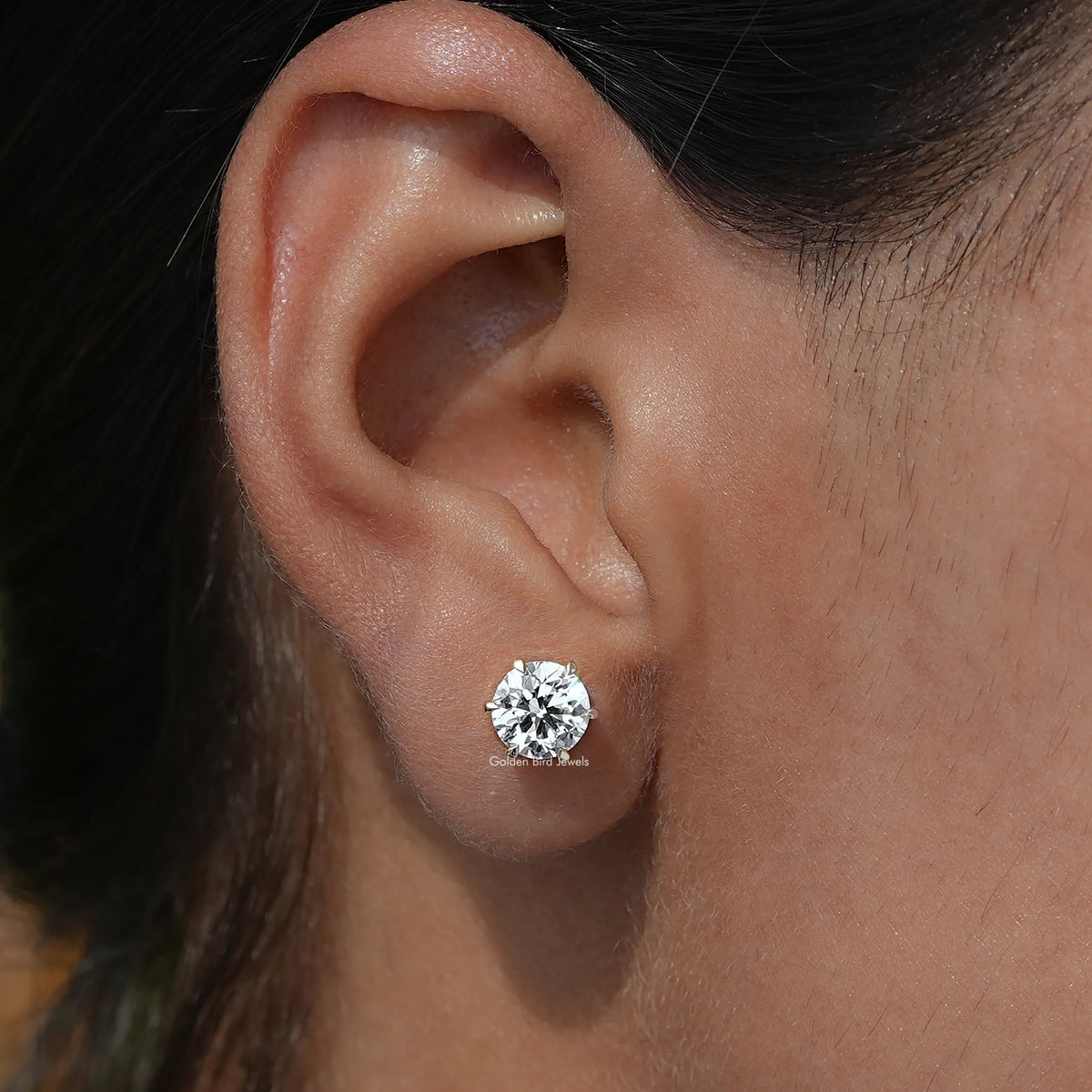 Front View of Round Diamond Shaped Solitaire Stud Earrings In Women Ear's