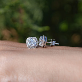Front & Side View of Cushion Cut Lab Diamond Halo Stud Earrings In White Gold