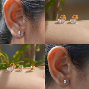 Front Back Side And Detailed View Of   of lab grown marquise cut stud earrings