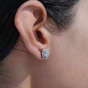 Ear 's View of Old European Round Cut Diamond Halo Earrings In White Gold