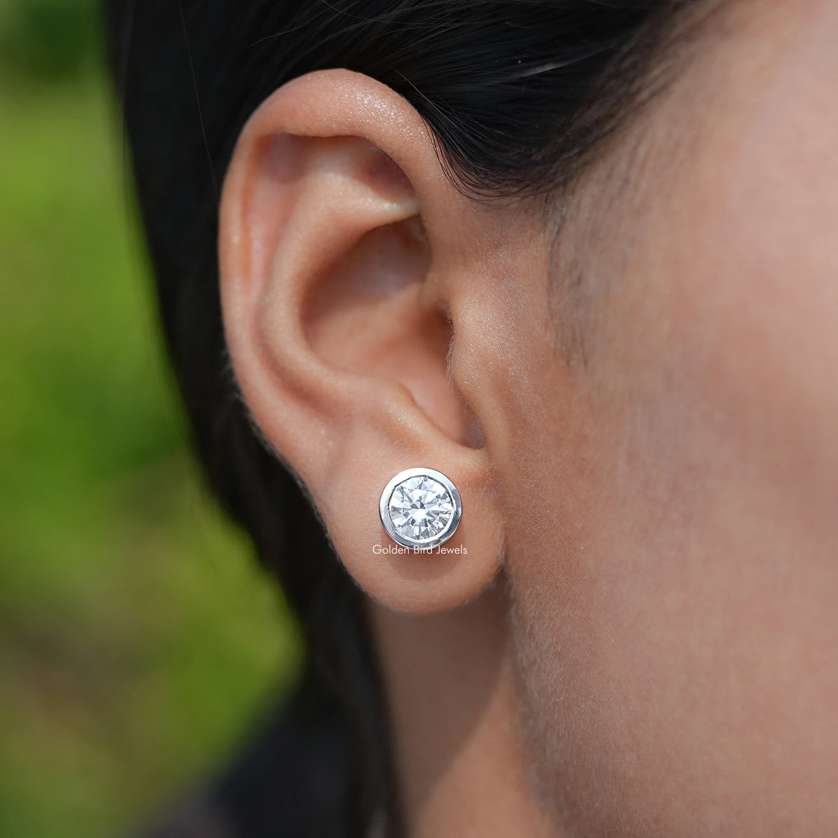 Front View of Round Cut Lab Grown Diamond Stud Earring In Women Ear