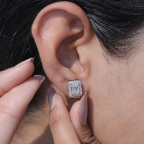 In Ear's View of Emerald Cut Lab  Diamond Stud Earrings In White Gold