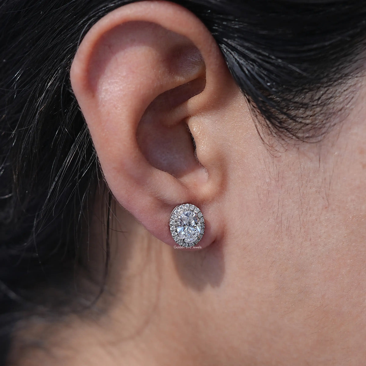 Ear's View of Oval Cut Cluster Diamond Earrings In White Gold