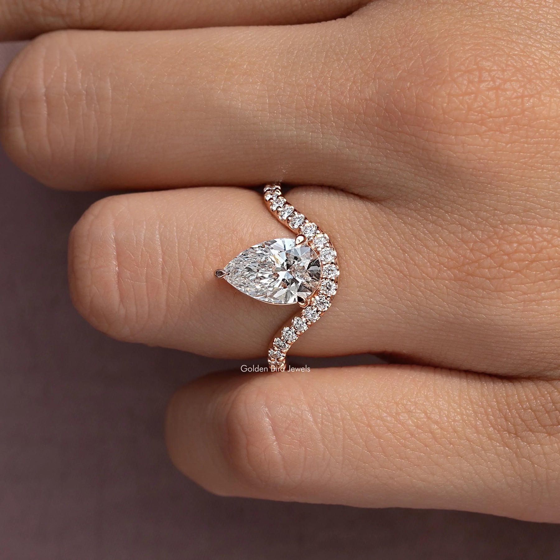 Lab Grown Pear Cut Curved Accent Engagement Ring