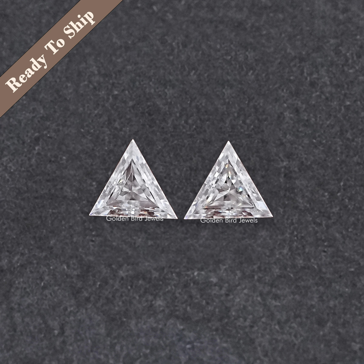 Triangle-cut clear moissanite stones, matching pair with faceted triangular shapes
