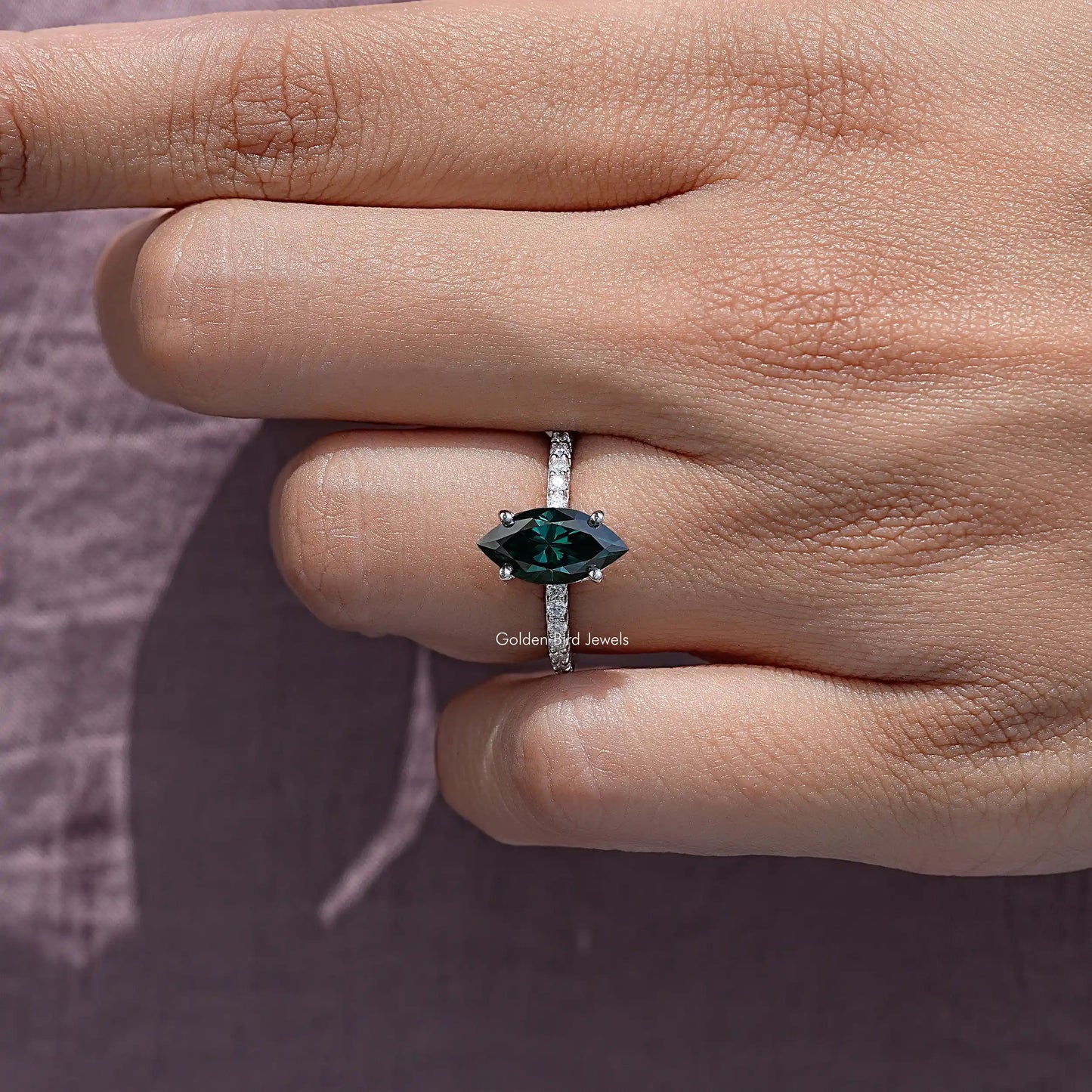 Green Marquise Moissanite Gemstone Solitaire Accent Ring