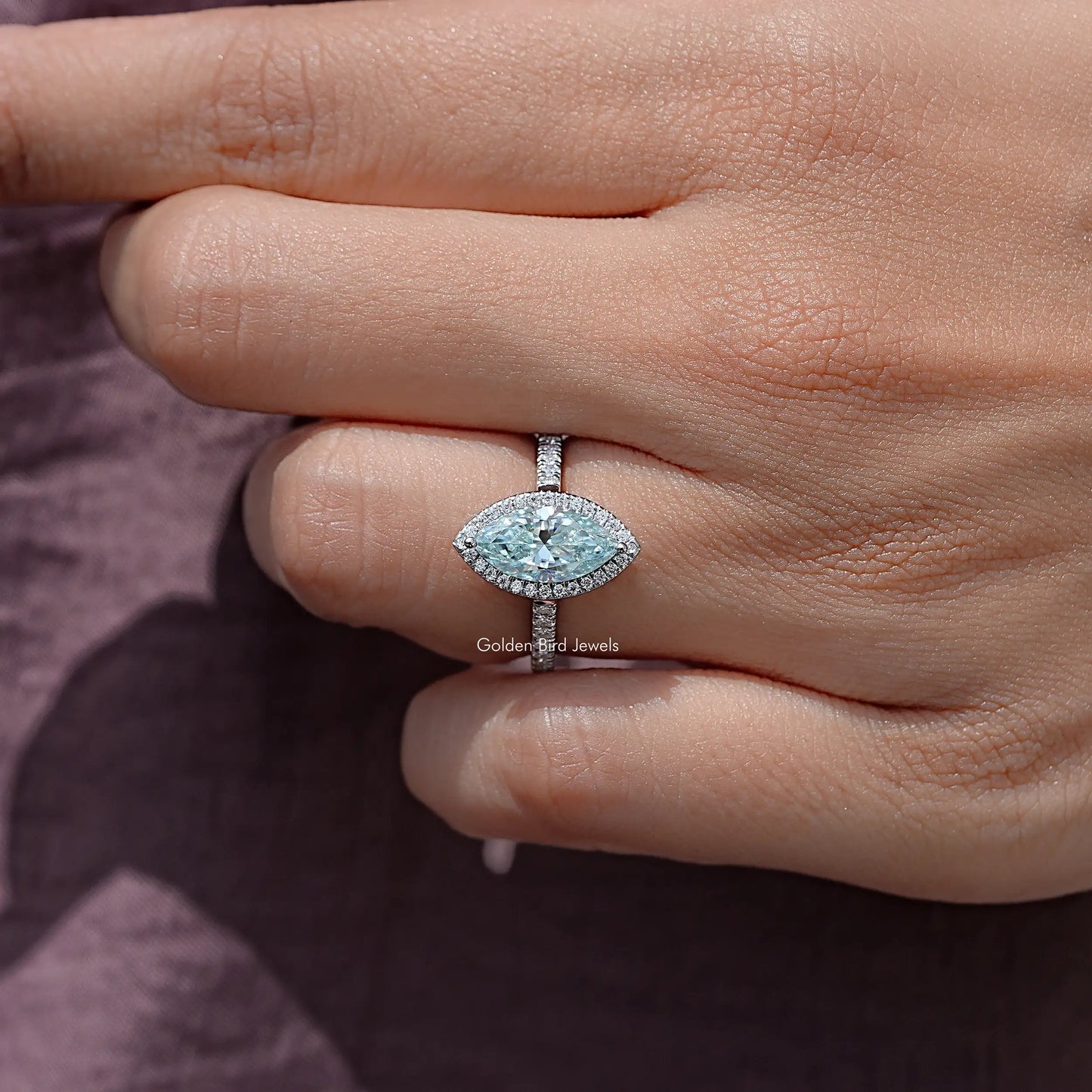 Blue Marquise Cut Moissanite Diamond Accent Bridal Ring