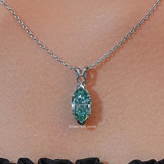 Silver chain marquise-cut green solitaire pendant necklace, teardrop gemstone in prongs
