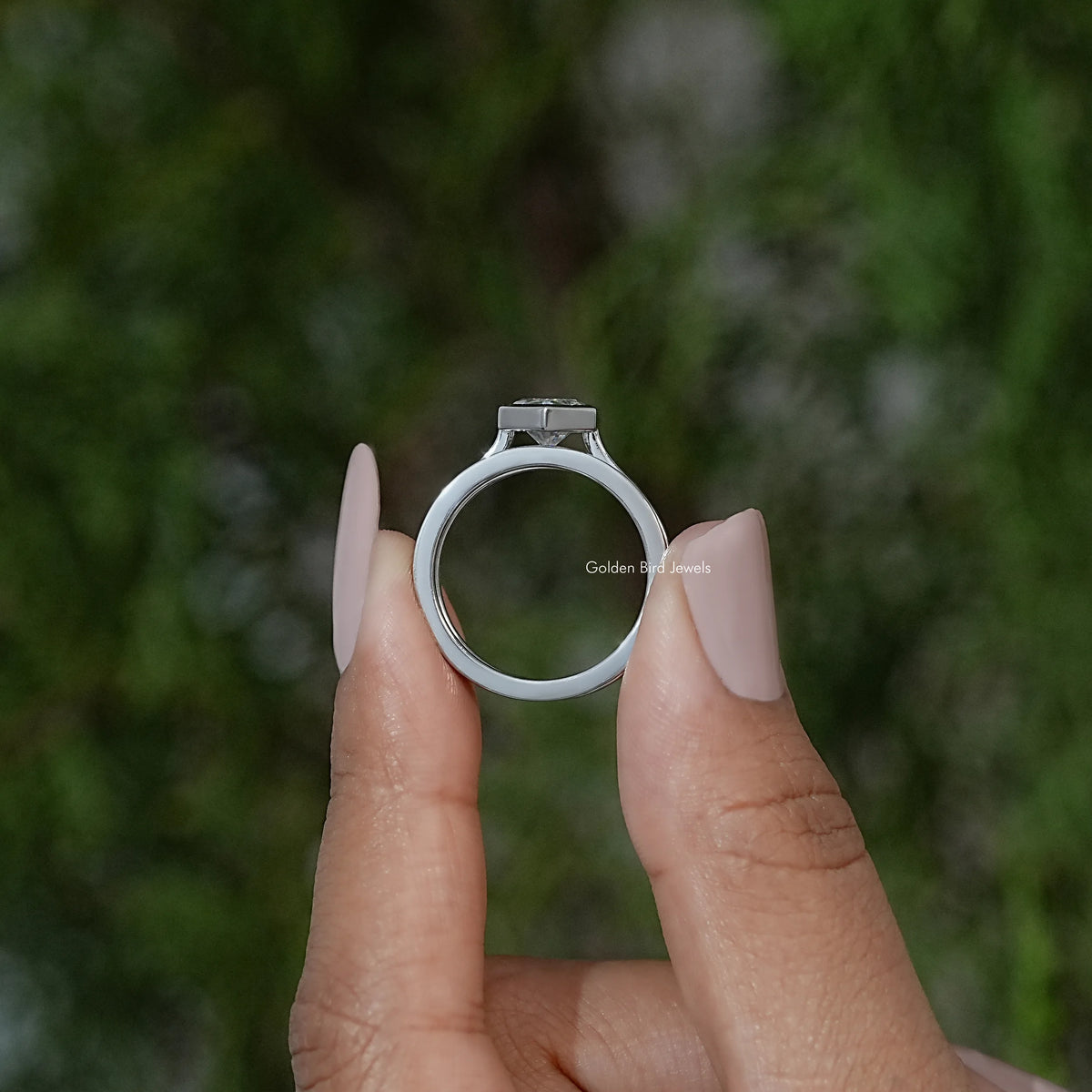 Marquise bezel ring set, silver-tone circular band view with bezel-set stone