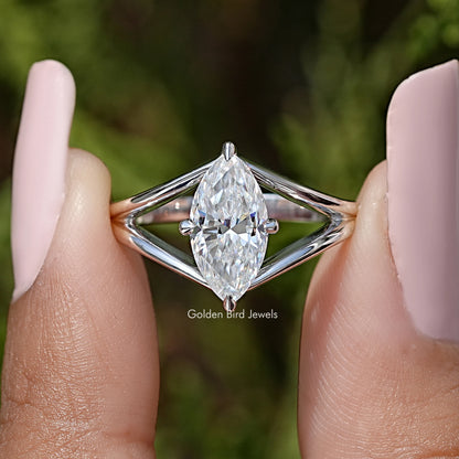 Marquise Cut Moissanite Split Shank Solitaire Ring