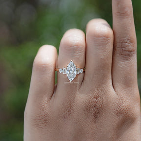 Front view of Marquise And Baguette Lab Diamond Five Stone Ring