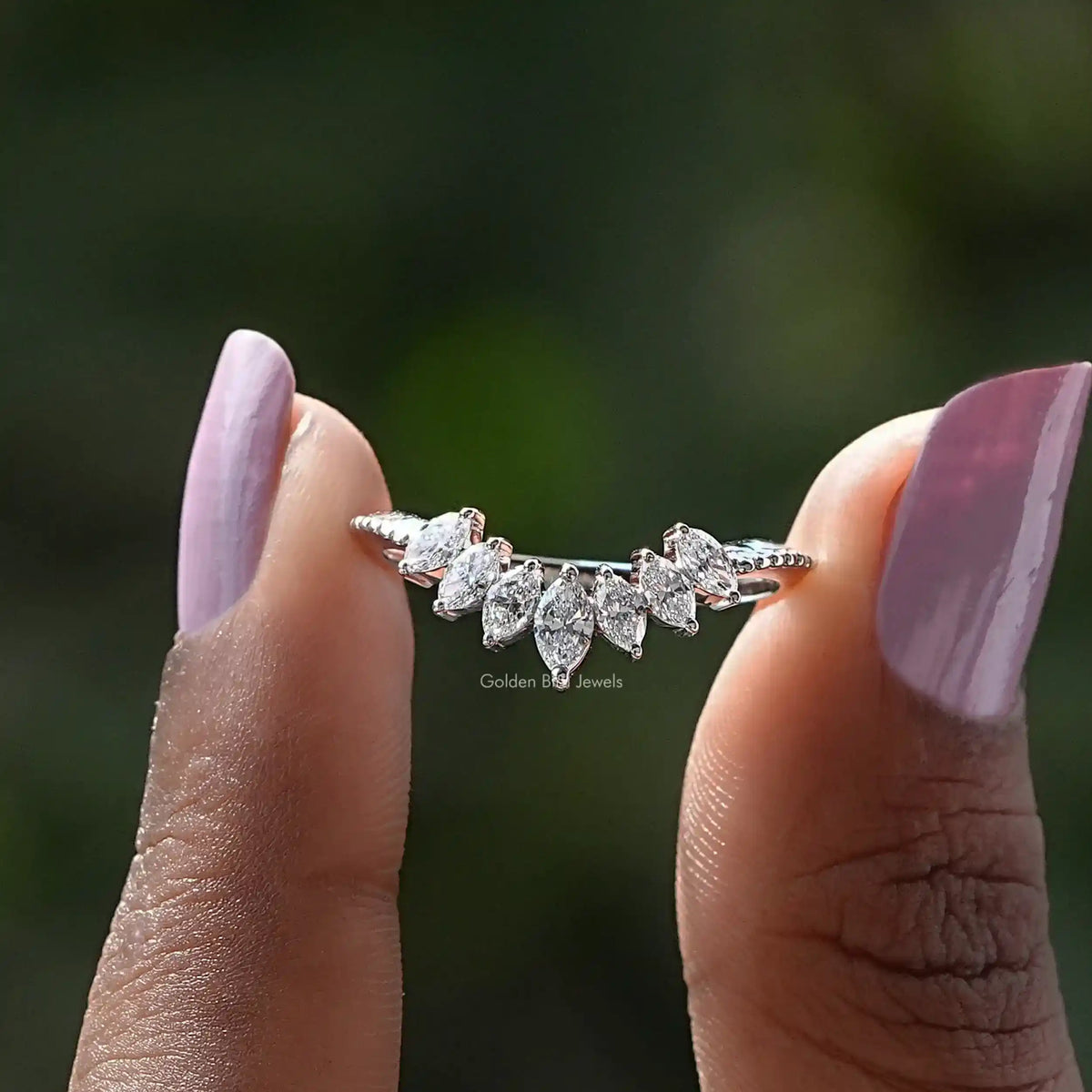 Front View of Marquise Cut Curved Diamond Wedding Band In two Fingers