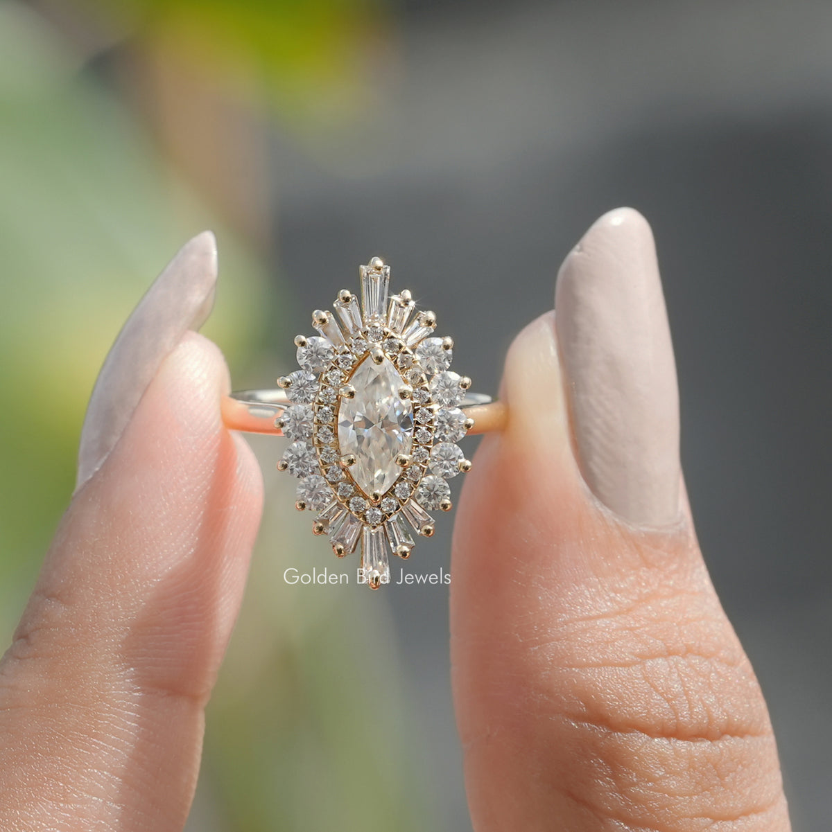 Front View of Marquise Cut Halo Lab Diamond Ballerina Ring In two Fingers